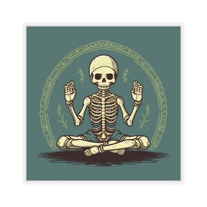 May include: A skeleton in a blue yoga pose with a green background and a gold mandala design.
