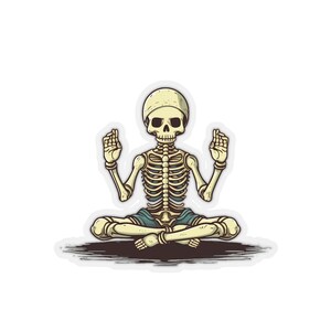 May include: A cartoon skeleton meditating in a yoga pose with its hands in a mudra position. The skeleton is wearing blue shorts and is sitting on a dark brown surface.