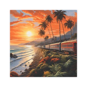 May include: A train journeys along a coastal cliffside at sunset. Palm trees line the cliff, and the ocean waves crash on the shore below. The sky is a vibrant orange and pink, with a bright sun setting in the distance.