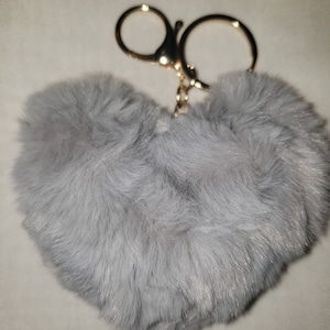 Keychain. Light gray 4x3 1/2 inch fluffy heart on metal keychain