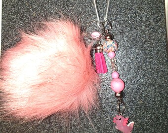 Beaded/Faux Fur Pom Pom Bag Charm/Keychain.