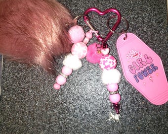 Beaded/Faux Fur Pom Pom Bag Charm/Keychain.
