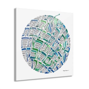 May include: Abstract art print featuring a circular design with a complex pattern of silver, blue, and green shapes. The artwork is set against a white background, with a small stem-like detail at the top. Signed in the bottom right corner.