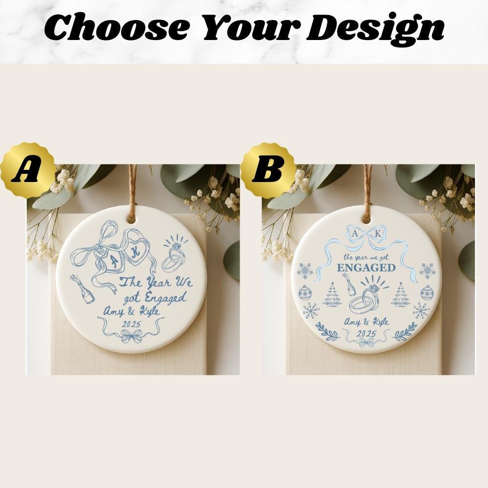 Available personalized engagement ornament designs