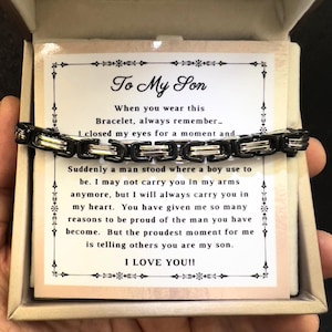 Pulsera para mi hijo, regalo de mamá, regalo para el hijo, regalo de fuerza inspiradora, pulsera para el hijo de papá, pulsera de acero inoxidable, tarjeta con mensaje, caja