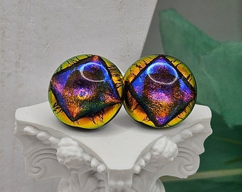 Y2k 1990s Early 2000s Retro Vintage Incredible Colorful Foiled DICHROIC GLASS EARRINGS Button Style Signd La Gru Peacock Blown Boho Jewelry