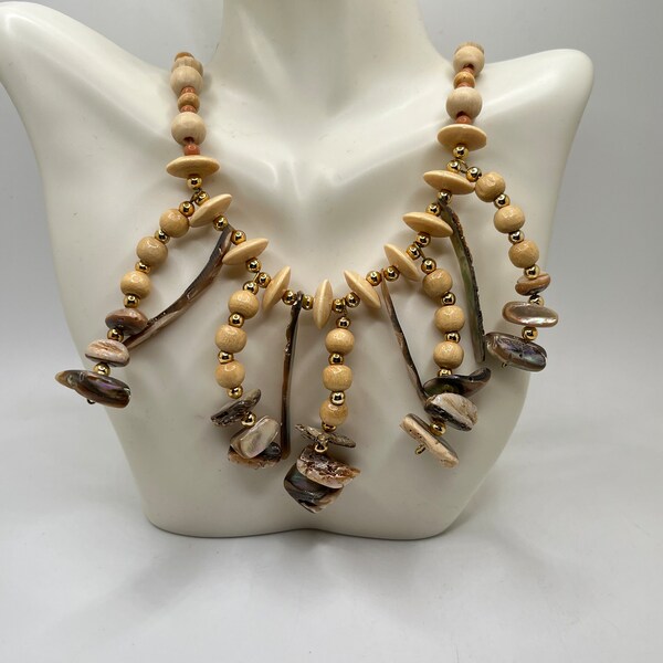 Vintage 1960s 70s Bohemian Retro Wood Metal Natural Shell BEADED STATEMENT NECKLACE Tribal Ethnic African Boho Hippie Chic Natural Jewelry