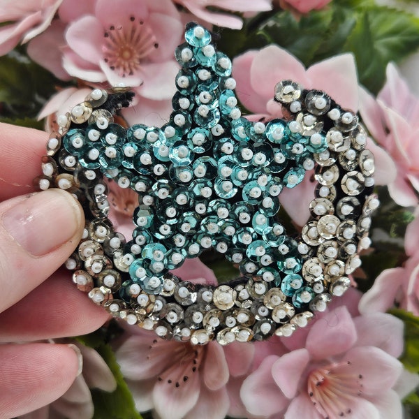 Sparkly Vintage 1970s 1980s Handmade Hand Sewn Felt + Sequin STAR & MOON BROOCH Beadwork Pin Beaded Funky Unique Silver + Turquoise Jewelry