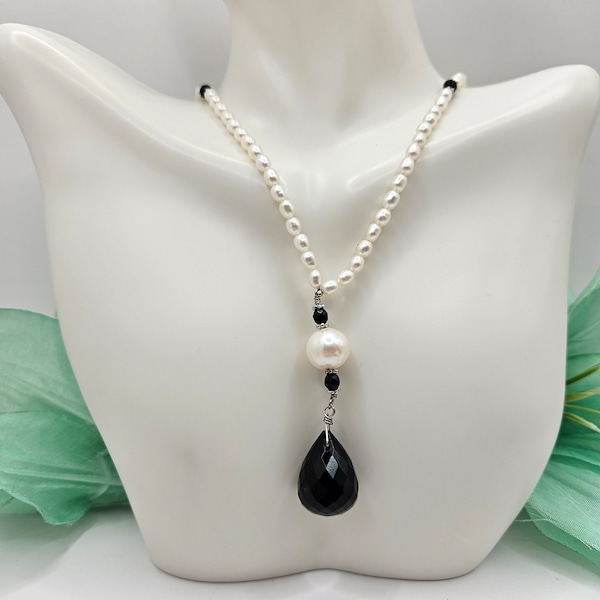 Vintage Victorian Revival y Style 90s-Early 00s 18" Black Faceted Glass + PEARL BEADED NECKLACE Signed 925 Silver Clasp Trendy Glam Jewelry