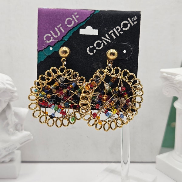 Colorful & Fun 1980s - Early 1990s Retro Vintage New Old Stock On Original Card "Out of Control" BEADED DANGLE EARRINGS Boho Hippie Jewelry