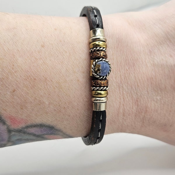 Vintage 1990s Retro Bohemian Artisan Made LEATHER & SILVER BRACELET Brass Silver Copper + Lapis Lazuli 7.5" Adj Western Boho Hippie Jewelry