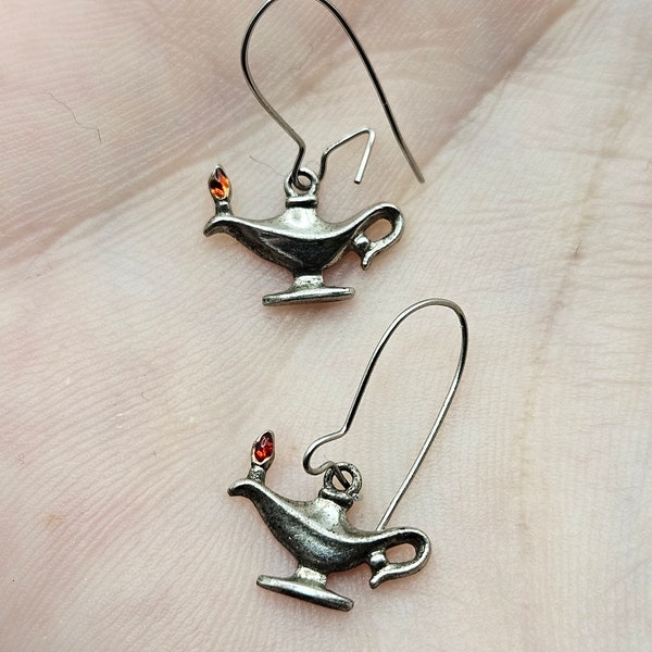 Vintage 1960s - 1970s Retro Mid Century Modernist Silver + Enamel Magic GENIE LAMP EARRINGS Pair for Pierced Ears Retro Aladdin Chic Jewelry