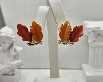 Incredible Vintage Fall Palette Pair of Signed Screw Back LISNER LUCITE EARRINGS Gold + Autumn Orange Old Hollywood Estate Costume Jewelry