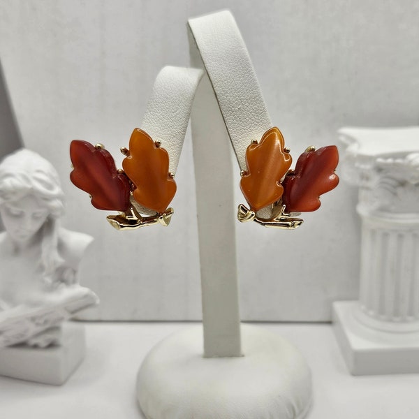 Incredible Vintage Fall Palette Pair of Signed Screw Back LISNER LUCITE EARRINGS Gold + Autumn Orange Old Hollywood Estate Costume Jewelry