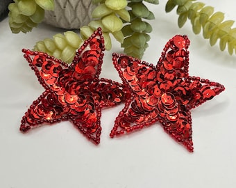 Vintage Extra Large 2.5” Red Sequin Retro Fabric Patch Converted Into Giant CLIP on STAR EARRINGS Pair Mid Century Funky Fun Costume Jewelry
