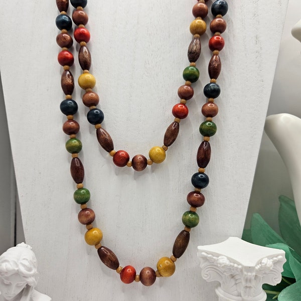 Vintage 1970s 1980s Retro Funky Colorful 46" Long WOODEN BEADED NECKLACE Dyed Carved Wood Beads Bohemian Boho Hippie Costume Estate Jewelry