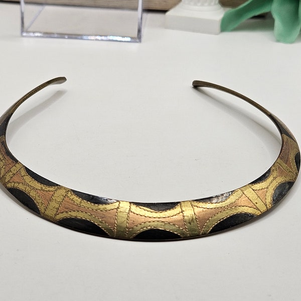 Vintage Bohemian African Egyptian Oxidized Brass Copper Silver Bib Style Cuff COLLAR STATEMENT NECKLACE Tribal Pattern Boho Hippie Jewelry