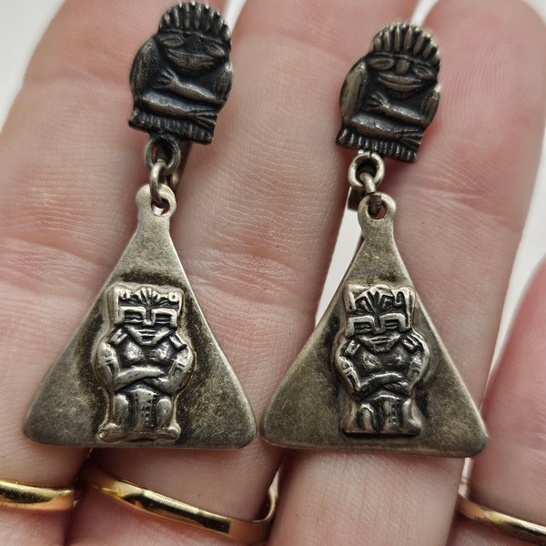 Rare Antique Early Mid Century Vintage Ecuador 900 SILVER DANGLE EARRINGS Aztec Jaguar Warrior God Screw Back Clip Earrings Estate Jewelry