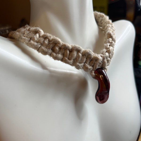 Rare Y2k Vintage 1990s Retro Hand Blown Glass Phallic Bead on Handmade Jute Hemp MACRAME BEADED NECKLACE Choker Length Boho Hippie Jewelry
