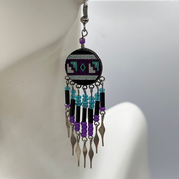 Vintage 80s 90s Modern Bohemian Native American Tribal Stye Dram Catcher Dangle CHANDELIER BEADED EARRINGS Boho Hippie Retro Estate Jewelry