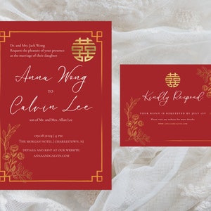 Sjabloonbundel Chinese huwelijksuitnodiging met RSVP-kaart, rood met gouden bloemen en dubbel geluk bewerkbare digitale download