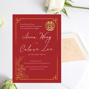 Modèle de faire-part de mariage chinois, double bonheur et pivoine à imprimer