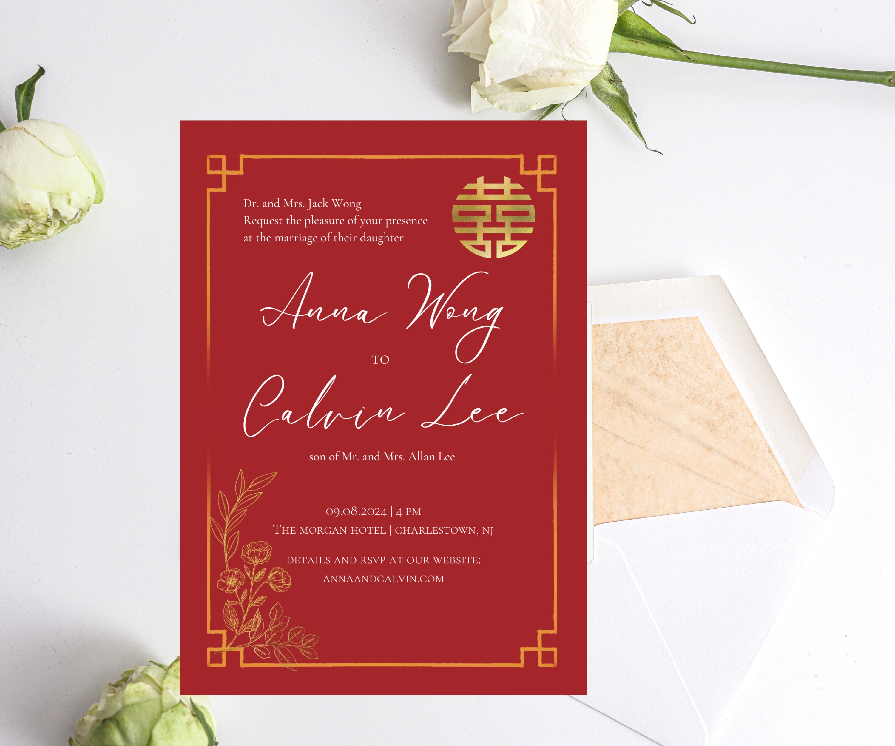 Chinese Wedding Invitation Template, Double Happiness and Peony