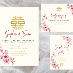 中国の結婚式招待状テンプレートパック、赤い花の二重の幸福の結婚式編集可能