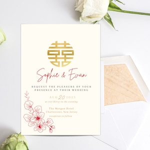 Chinesische Hochzeitseinladung bearbeitbare Vorlage, rote und goldene Blumenhochzeitseinladung