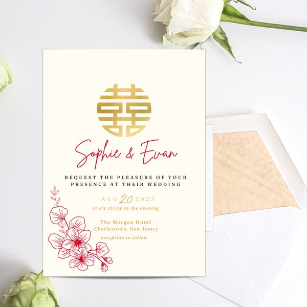 Chinese Wedding Invitation Editable Template, Red and Gold Floral Wedding Invitation
