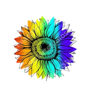 May include: A rainbow sunflower with a black outline. The sunflower is made up of a series of petals in the colors of the rainbow, starting with red and ending with purple.