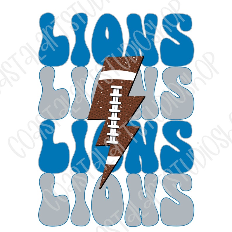 May include: A graphic design featuring the word "LIONS" repeated four times in a retro style font. The word is in blue and gray colors. A brown and white football shaped lightning bolt is in the center of the design.