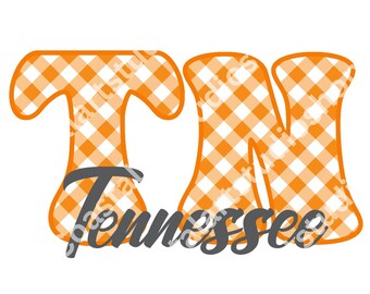 May include: Orange and white checkered letters spelling "TN" with the word "Tennessee" written in black cursive underneath.