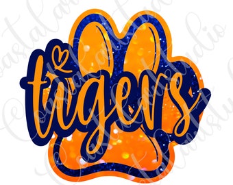 Tigers PNG blue orange sublimation design tiger paw glitter png sports mascot graphic football png