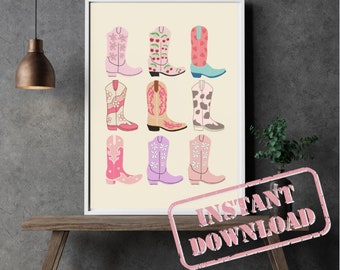 Cowgirl Boots Preppy Digital Wall Art Teen Girl Room decor dorm room wall art coastal cowgirl poster, aesthetic Wall art