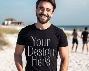 Svart t-shirtmodell för män, manlig modell, Gildan 5000 svart skjorta, modell för maskulin modell, modell för herrkläder