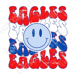 Eagles PNG sublimation design retro wavy font distressed PNG sports mascot graphic for tshirts tote bags etc red white blue eagles