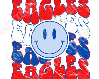 Eagles PNG sublimation design retro wavy font distressed PNG sports mascot graphic for tshirts tote bags etc red white blue eagles