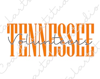 Könnte beinhalten: Orangefarbenes und weißes Grafikdesign mit dem Text "Tennessee Volunteers" in einer fetten, blockartigen Schrift.
