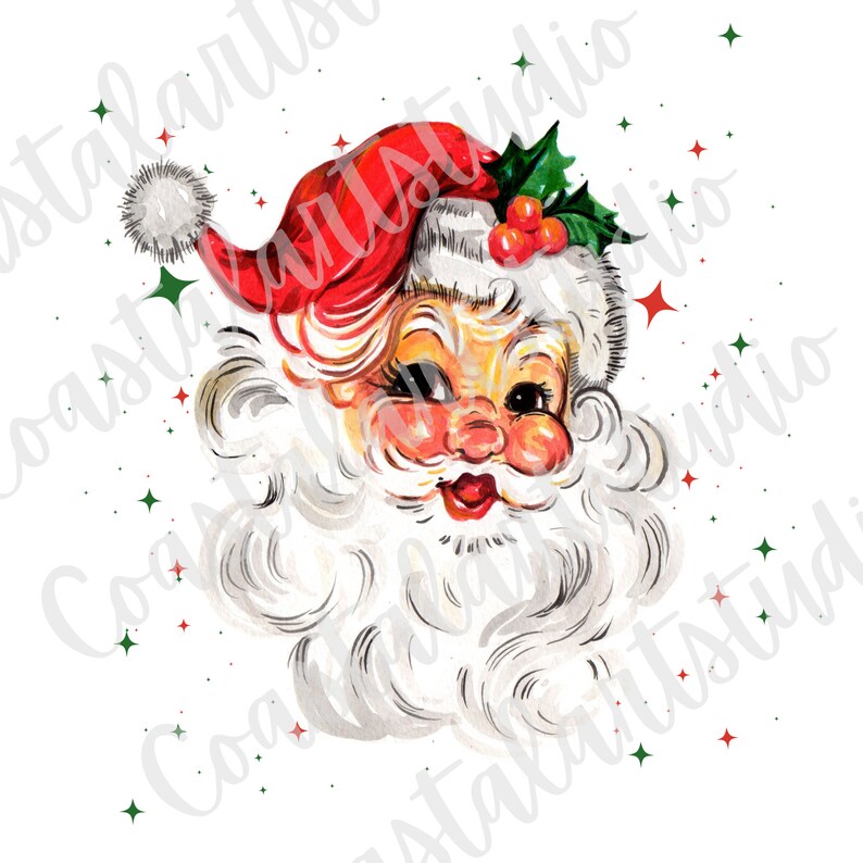 May include: A vintage illustration of Santa Claus's face with a red hat, white beard, and a jolly expression. The background is white with green and red stars.