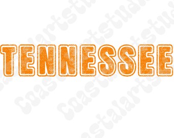 Pode incluir: Texto laranja que lê "TENNESSEE" em uma fonte vintage e desgastada.