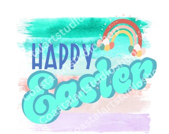 May include: Happy Easter greeting with a rainbow and colorful watercolor stripes in the background.