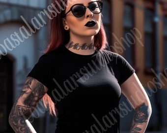 Goth Woman Black tshirt mockup Bella canvas mockup alternative mockup outdoor mockup grunge aesthetic mockup