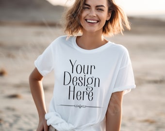 Comfort Colors White tshirt Mockup, c1717 mockup, tshirt model mockup, lifestyle outdoor mockup, summer beach tshirt mockup