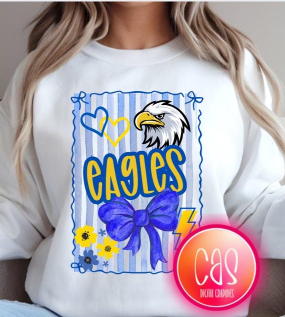 Eagles PNG sublimation design team mascot png school spirit blue yellow preppy graphic for tshirts tote bags tumblers etc
