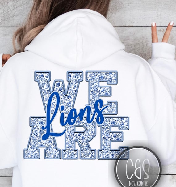 Lions faux embroidery PNG sublimation design team mascot png school spirit blue preppy graphic for tshirts tote bags tumblers etc