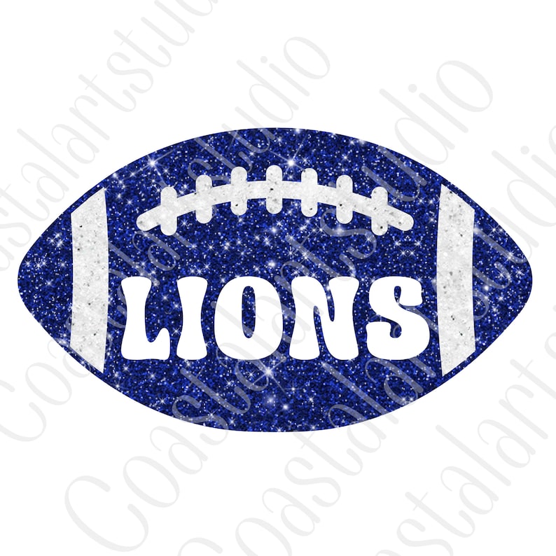 May include: Blue glitter football with white laces and the word "LIONS" in white letters.