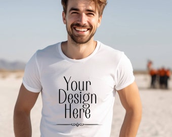 Vit herr-T-shirtmodell Gildan 5000 manlig mockup, manlig t-shirtmodell, maskulin mockup, vit t-shirt sommarmockup