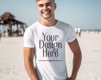 Vit t-shirtmodell Gildan 5000 manlig t-shirtmodell, manlig mockup, maskulin mockup, vit t-shirt sommarmockup