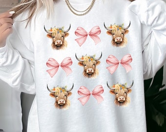 Coquette Highland Cow PNG trendy pink bow Cottagecore graphic digital design